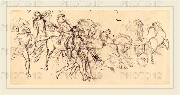 EugÃ¨ne Delacroix, French (1798-1863), Charioteers, pen and black ink with black wash on wove paper