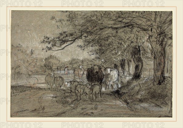 Constant Troyon, French (1810-1865), Cows Under Trees, charcoal, with white and orange chalk on blue-gray laid paper
