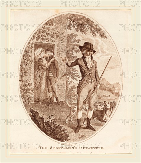 Isaac Cruikshank, British (1756-1810-1811), The Sportsmen's Departure, stipple etching in brown ink on laid paper