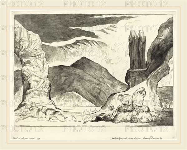 William Blake, British (1757-1827), The Circle of the Falsifiers; Dante and Virgil Covering their Noses because of the stench, 1827