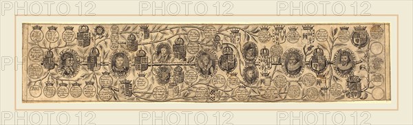 British 17th Century, Family Tree with Portraits of Henry VII, Henry VIII, Elizabeth, James, and Charles, engraving