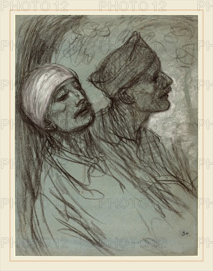 Théophile Alexandre Steinlen, Swiss (1859-1923), A Wounded Soldier and His Comrade, black chalk with white heightening on blue laid paper