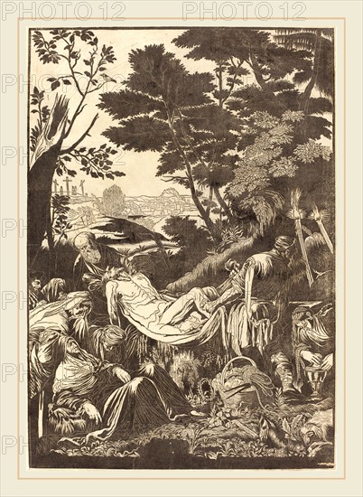 John Baptist Jackson after Jacopo Bassano,English, (1701-c. 1780), The Entombment [recto], 1739, chiaroscuro woodcut in black [trial proof of key block]