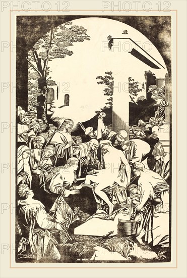 John Baptist Jackson after Leandro Bassano,English, (1701-c. 1780), The Raising of Lazarus, 1742, chiaroscuro woodcut in black [trial proof of key block]