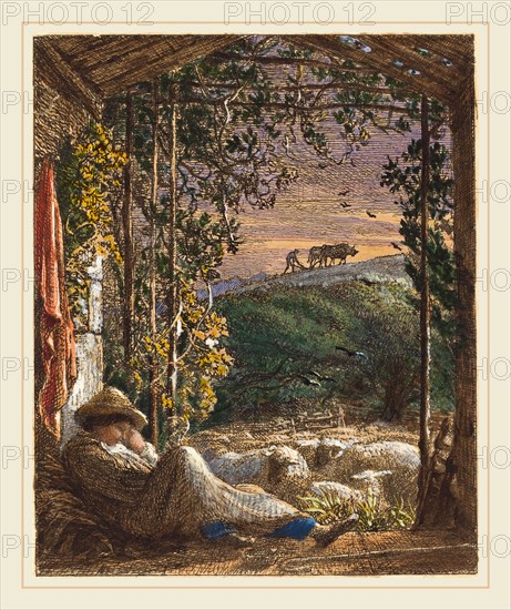 Samuel Palmer, British (1805-1881), The Sleeping Shepherd; Early Morning, 1857, etching, hand-colored with watercolor and opaque white with gold highlights