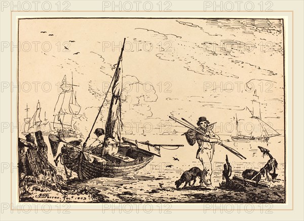 John Thomas Serres, British (1759-1825), Marine: Fishing Boats on Shore, Man with Oars, Ship in Distance, 1803, pen-and-tusche lithograph