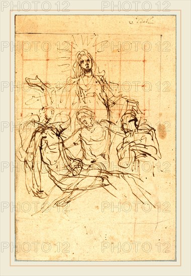 il Cigoli, Italian (1559-1613), The Pietà  (recto), brown ink on laid paper, squared for transfer in red chalk and graphite
