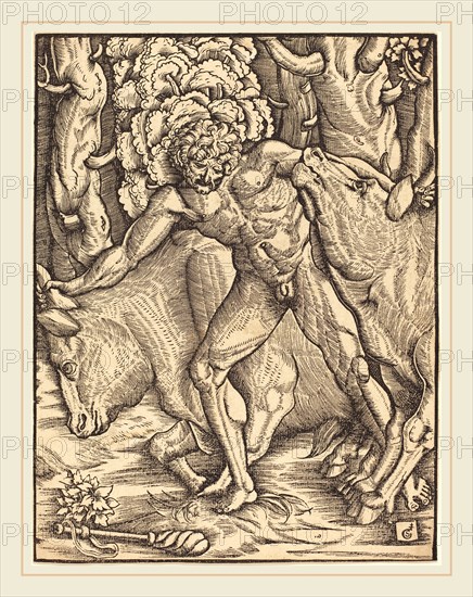 Gabriel Salmon, French (active 1504-1542), Hercules Carrying Off the Cattle of Geryon, woodcut
