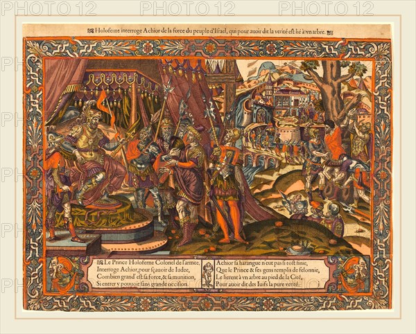 French 16th Century, Holofernes Interrogating Achior, c. 1575, hand-colored woodcut on laid paper