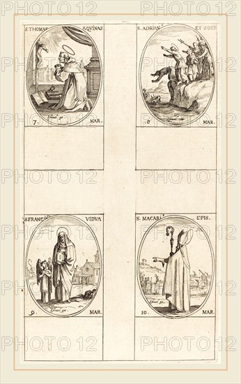 Jacques Callot, French (1592-1635), St. Thomas Aquin; St. Adrian and Companions; St. Frances; St. Macari, etching