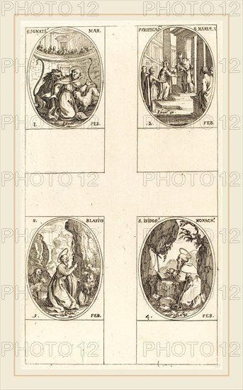 Jacques Callot, French (1592-1635), St. Ignatius; Purification of the Virgin;  St. Blaise; St. Isidore, etching