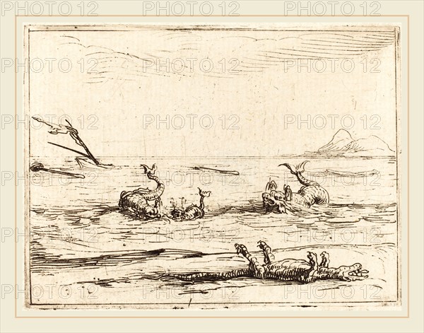 Jacques Callot, French (1592-1635), Dolphins and Crocodile, etching