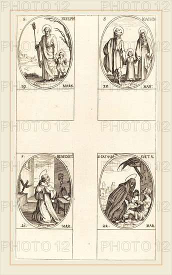 Jacques Callot, French (1592-1635), St. Joseph; St. Joachim;  St. Benedict, Abbot; St. Catharine of Sweden, etching