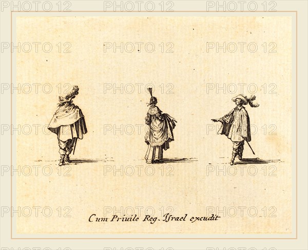 Jacques Callot, French (1592-1635), Lady with Dress Gathered Up, and Two Gentlemen, probably 1634, etching