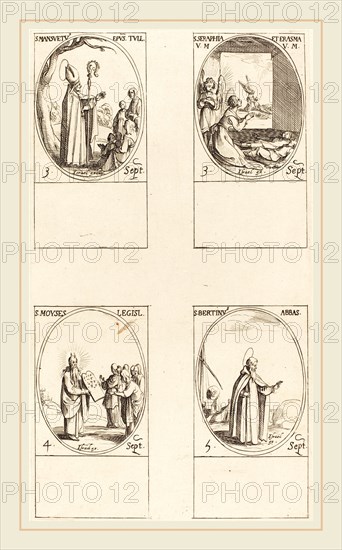 Jacques Callot, French (1592-1635), St. Mansuetus; Sts. Serapia and Erasma; Moses; St. Bertin, Abbot, etching