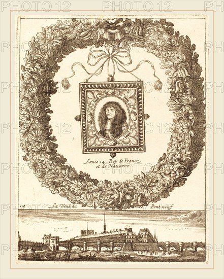 FranÃ§ois Le Febvre, French (active 1635-1657), La veue du Pont Neuf; Louis XIV Roy de Franceet de Navarre, probably 1665, engraving