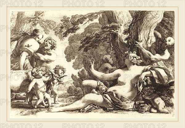 Michel Dorigny, French (1617-1665), Seated Bacchante with Children, 1650s, etching with engraving on laid paper