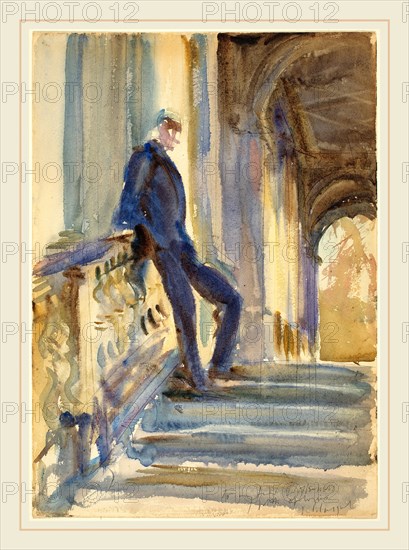 John Singer Sargent, Sir Neville Wilkenson on the Steps of a Venetian Palazzo, American, 1856-1925, 1905, watercolor over graphite on wove paper. Venice, Italy