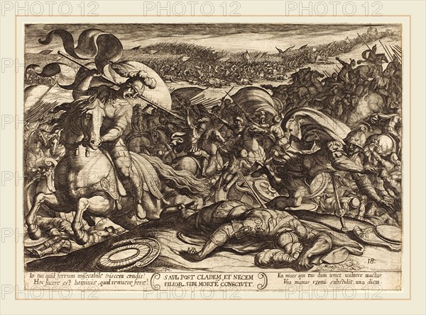 Antonio Tempesta, Italian (1555-1630), Saul Kills Himself after the Defeat of his Army by the Philistines, 1613, etching
