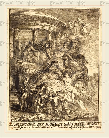 Gabriel Jacques de Saint-Aubin, French (1724-1780), Allegorie des mariages faits par la ville de Paris a la naissance du Duc de Bourgogne, 1751, etching, retouched with pencil and ink