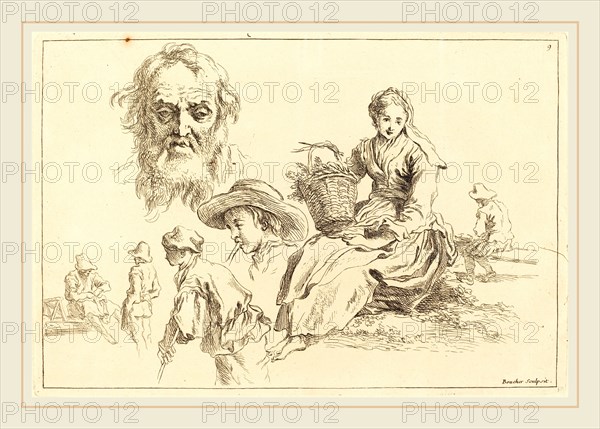 FranÃ§ois Boucher after Abraham Bloemaert, French (1703-1770), Figure Studies including Bearded Face of an Old Man, published 1735, etching on laid paper