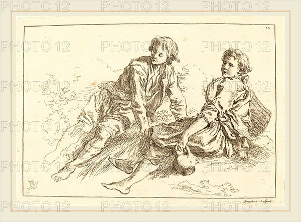 FranÃ§ois Boucher after Abraham Bloemaert, French (1703-1770), Reclining Shepherd Boys, published 1735, etching on laid paper
