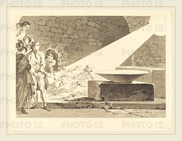 Claude-Mathieu Fessard after Jean-Honoré Fragonard, French (active 1765-1805), Fragonard and Bergeret with Their Wives Visiting a Tomb in Pompeii, 1781, etching on laid paper [proof]