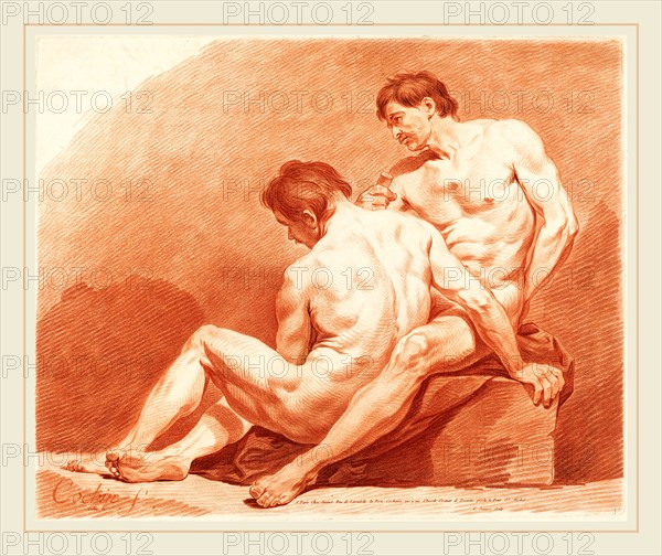 Jean-FranÃ§ois Janinet after Charles-Nicolas Cochin the Younger, French (1752-1814), Two Male Nudes, c. 1774, chalk manner printed in red ink on laid paper