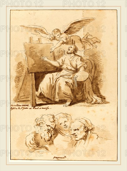 Jean Claude Richard de Saint-Non after Jean-Honoré Fragonard after Andrea Celesti, French (1727-1791), Saint Luke at His Easel and Four Expressive Heads, 1775, etching counterproof reworked in brown wash on laid paper