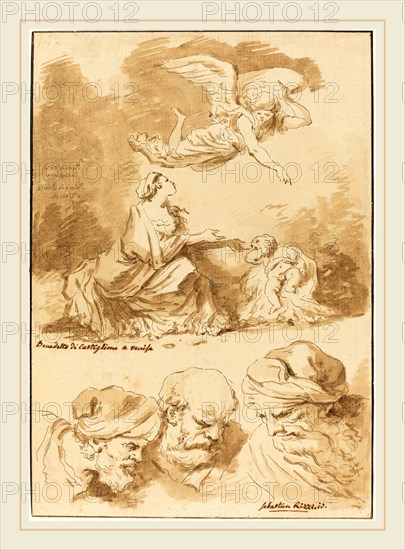 Jean Claude Richard de Saint-Non after Jean-Honoré Fragonard (after Giovanni Benedetto Castiglione and Sebastiano Ricci), French (1727-1791), Hagar Consoled by an Angel (from a painting by Castiglione) and Three Heads of Old Men (from a painting by Ricci of Jesus and the Adultress), 1774, etching counterproof reworked in brown wash on laid paper