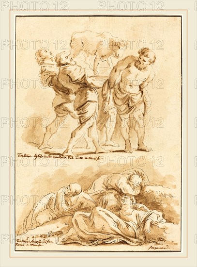 Jean Claude Richard de Saint-Non after Jean-Honoré Fragonard after Jacopo Tintoretto, French (1727-1791), Worship of the Golden Calf and Christ on the Mount of Olives, 1775, counterproof of an etching reworked in brown wash on laid paper