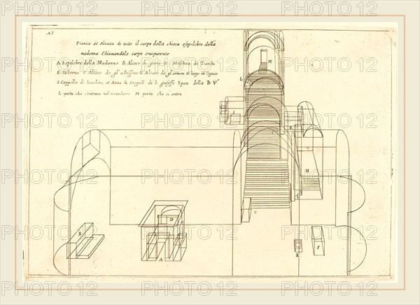 Jacques Callot, French (1592-1635), Plan and Elevation of the Church of the Madonna's Sepulchre, 1619, etching and engraving on laid paper [restrike]