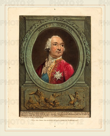 Philibert-Louis Debucourt, French (1755-1832), Mgr. Le duc d'Orléans, 1789, etching and wash manner, printed in red, yellow, blue, and black inks