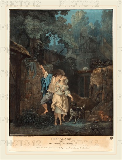 Philibert-Louis Debucourt, French (1755-1832), L'Escalade, ou les Adieux du Matin, 1787, color aquatint