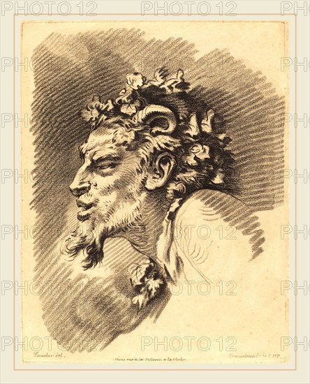 Gilles Demarteau, the Elder after FranÃ§ois Boucher, French (1722-1776), Head of a Faun, chalk manner printed in black on laid paper