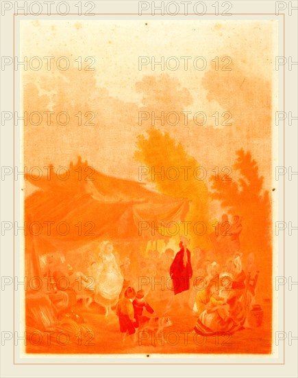 Charles-Melchior Descourtis after Nicolas Antoine Taunay, French (1753-1820), Noce de Village (Village Wedding), 1785, wash manner, printed in ochre and red-pink inks