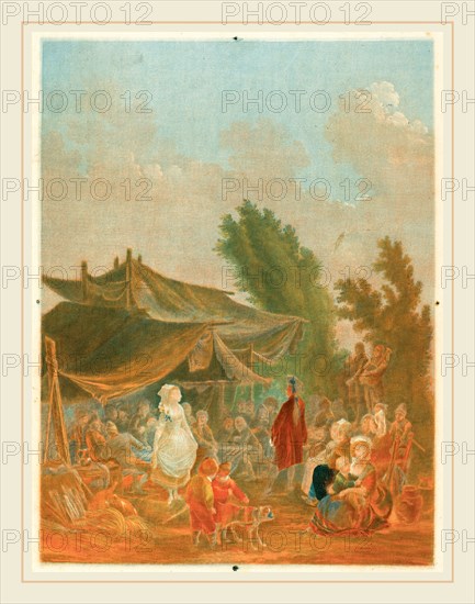 Charles-Melchior Descourtis after Nicolas Antoine Taunay, French (1753-1820), Noce de Village (Village Wedding), 1785, wash manner, printed in ochre, red, and blue inks