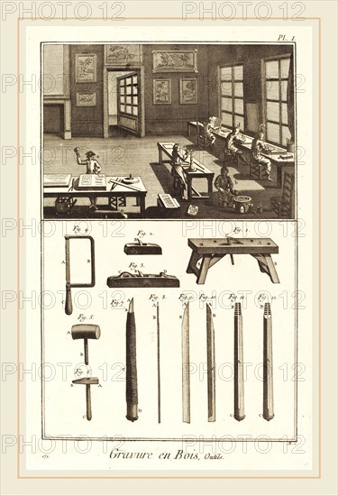 Antonio Baratta after A.-J. Defehrt and J.-R. Lucotte, Italian (1724-1787), Gravure en Bois, Outils: pl. I, 1771-1779, engraving on laid paper