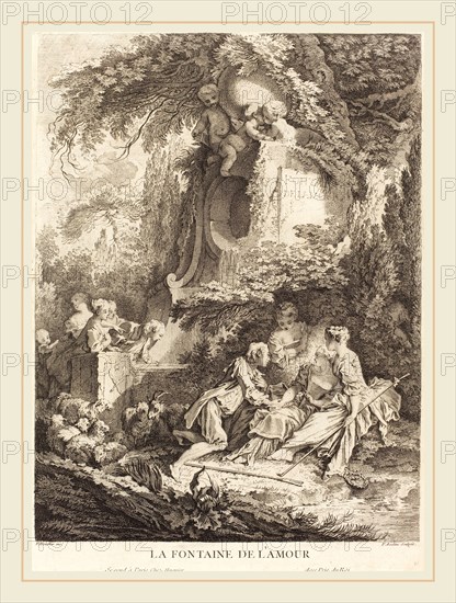 Pierre-Alexandre Aveline after FranÃ§ois Boucher, French (probably 1702-1760), La Fontaine de l'Amour, 1738, engraving with etching on laid paper