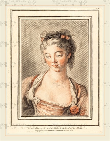 Louis-Marin Bonnet after FranÃ§ois Boucher, French (1736-1793), Bust of a Young Woman Looking Down, 1773 or later, chalk manner printed in black and red