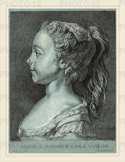 Louis-Marin Bonnet after Carle Van Loo, French (1736-1793), Marie-Rosalie Vanloo, c. 1764, chalk manner printed in black and white inks on blue paper