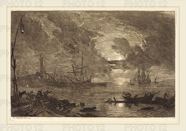 Adrien Manglard, French (1695-1760), Harbor by Moonlight, 1753, etching and engraving in black with scraping on laid paper