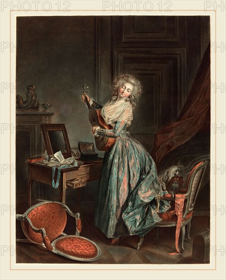 Jean-FranÃ§ois Janinet after Nicolas Lavreince, French (1752-1814), A Woman Playing the Guitar, 1788-1789, etching and wash manner, printed in blue, red, yellow, and black inks
