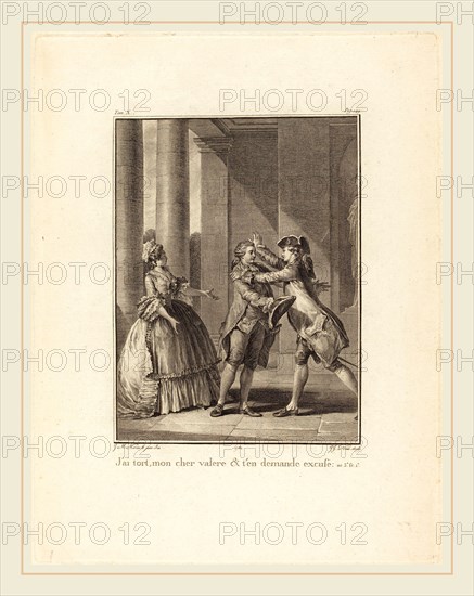 Jean Jacques Le Veau after Jean-Michel Moreau, French (1729-1785), J'ai tort, mon cher ValÃ¨re, et t'en demande excuse, 1782, etching and engraving