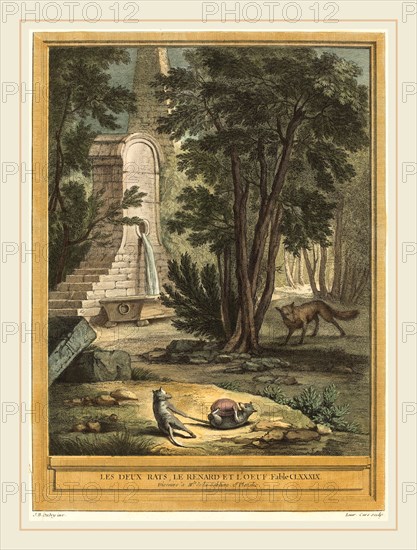 Laurent Cars after Jean-Baptiste Oudry, French (1699-1771), Les deux rats, le renard et l'oeuf (Two Rats,the Fox, and the Egg), published 1759, hand-colored etching