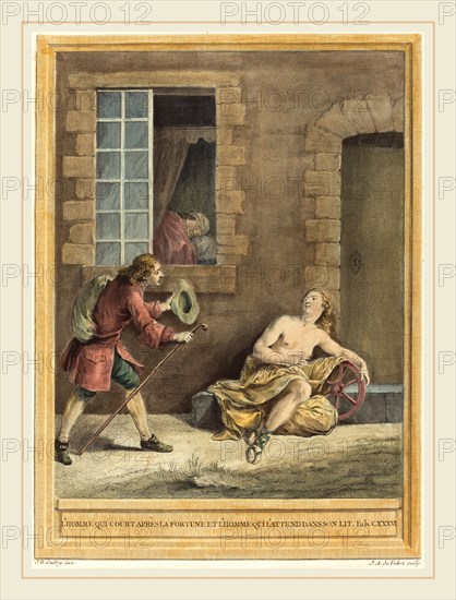 A.-J. de Fehrt after Jean-Baptiste Oudry, French (born 1723), L'homme qui court apres la fortune et l'hommequi l'attend dans son lit (The Man who  Courts Fortune and the Man Who Sleeps in Bed), published 1756, hand-colored etching