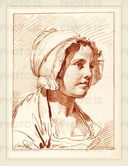 Louis-Marin Bonnet after Jean-Baptiste Greuze, French (1736-1793), Head of a Young Woman Wearing a Cap, before 1764, chalk manner printed in red ink