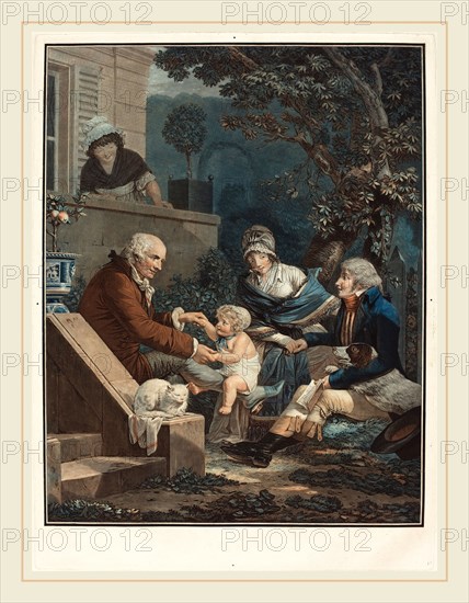 Philibert-Louis Debucourt, French (1755-1832), Les Plaisirs paternels (Paternal Pleasures), c. 1797, etching and wash manner, printed in orange-red, blue, yellow, and black inks
