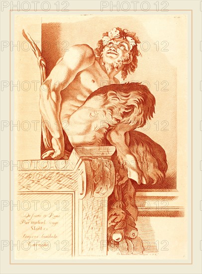 Gilles Demarteau the Elder after René Michel Slodtz after Annibale Carracci, French (1722-1776), Satyr, chalk manner printed in red on laid paper