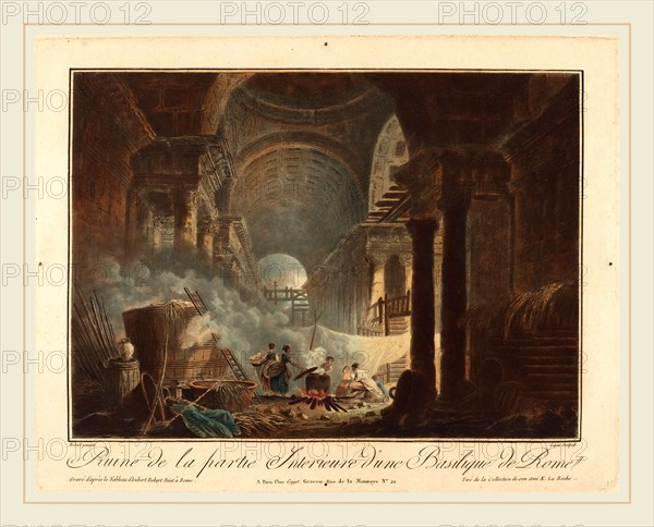 Laurent Guyot after Hubert Robert, French (1756-1806 or 1808), Ruine de la partie interieure  d'une basilique de Rome, color aquatint, etching and (roulette work?)